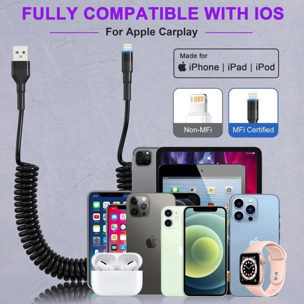 USB Data Synch & Charging Cable (Retractable, Coil USB A to Lightning Cable)